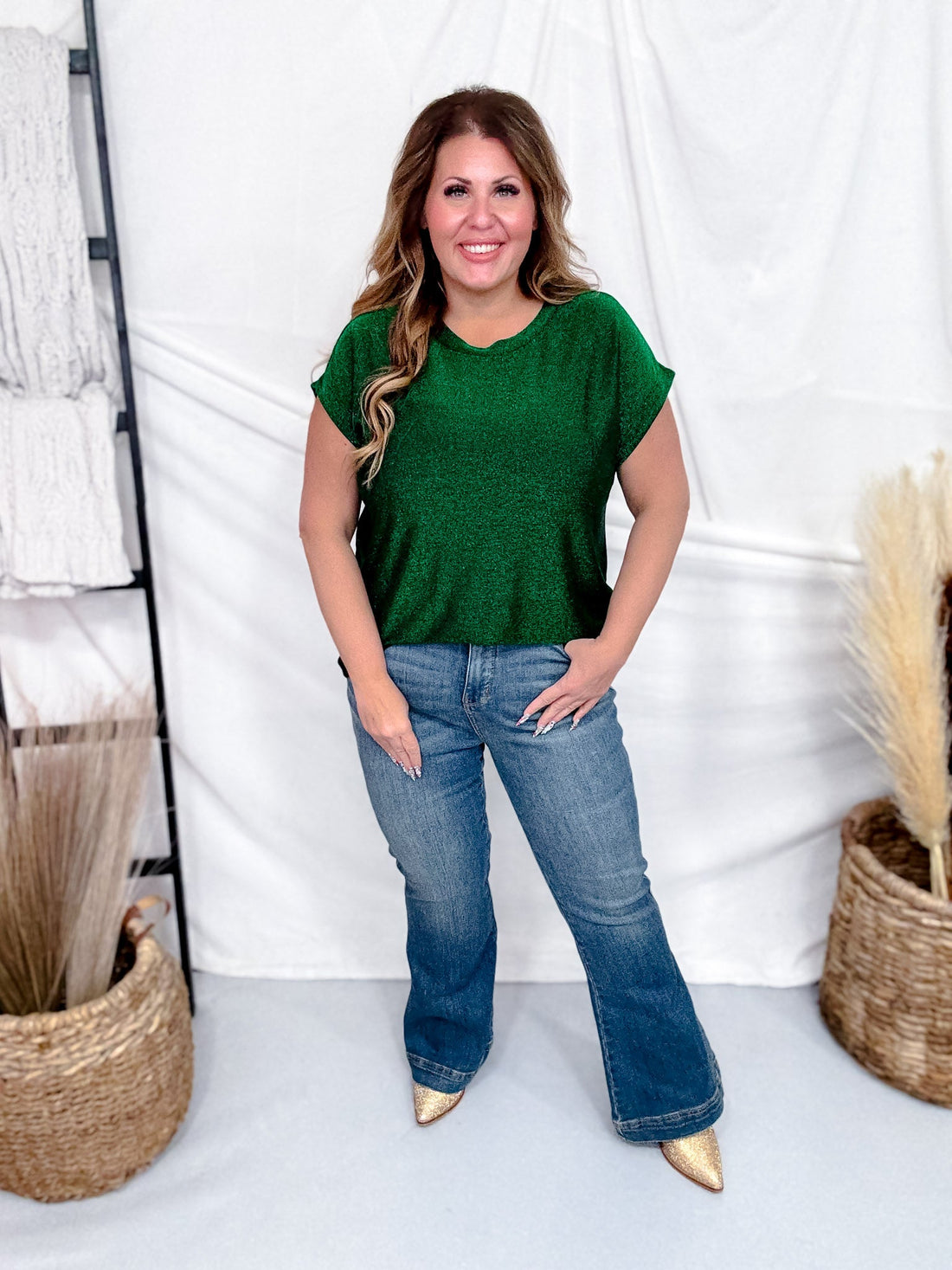 Hunter Green Shimmery Round Neck Top With Cap Sleeves - Whiskey Skies - SEW IN LOVE