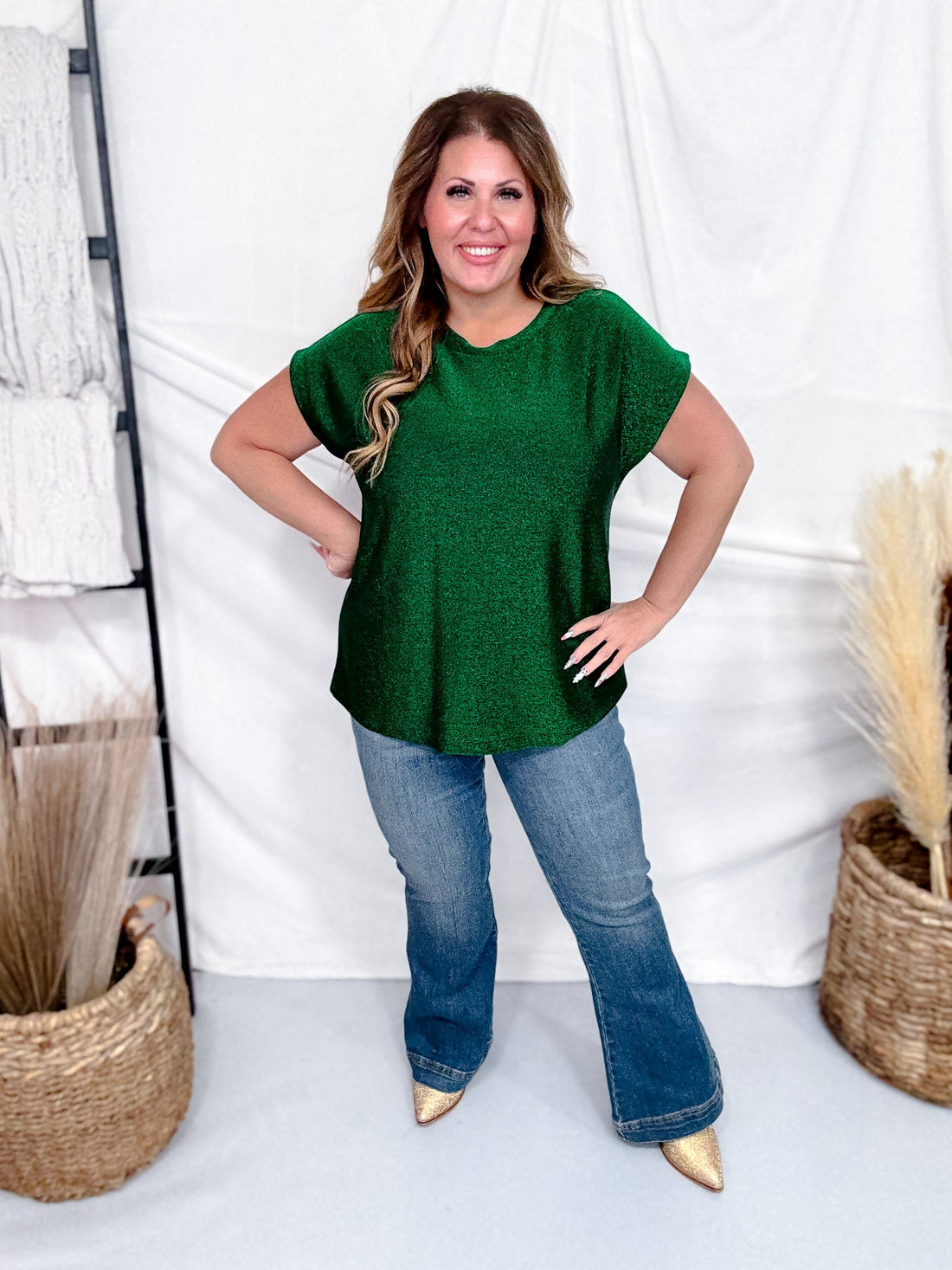 Hunter Green Shimmery Round Neck Top With Cap Sleeves - Whiskey Skies - SEW IN LOVE