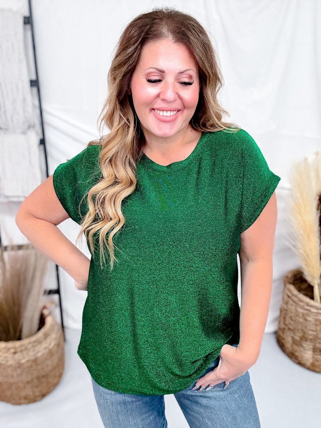 Hunter Green Shimmery Round Neck Top With Cap Sleeves - Whiskey Skies - SEW IN LOVE