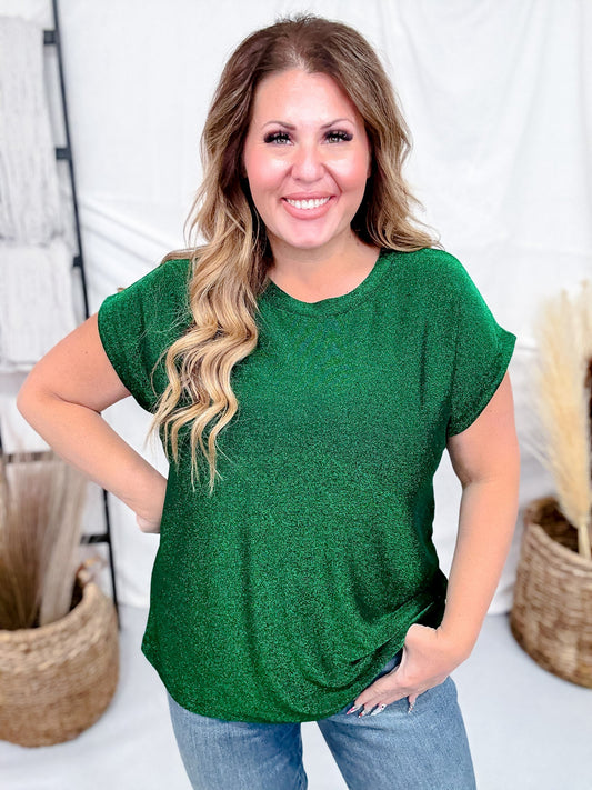 Hunter Green Shimmery Round Neck Top With Cap Sleeves - Whiskey Skies - SEW IN LOVE