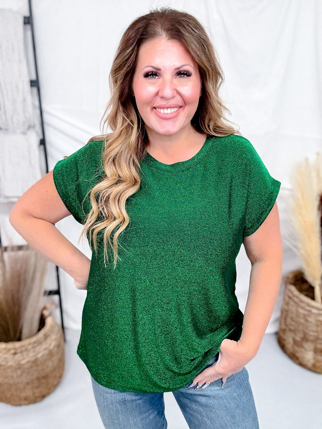 Hunter Green Shimmery Round Neck Top With Cap Sleeves - Whiskey Skies - SEW IN LOVE