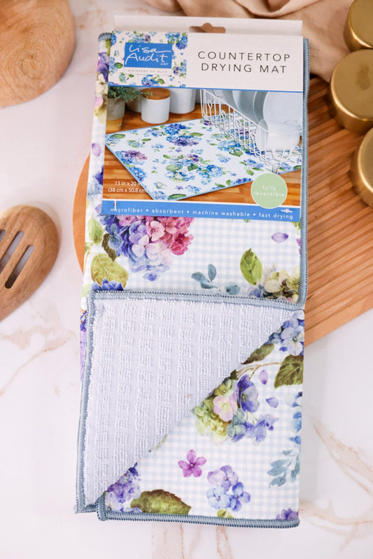 Hydrangeas & Blue Plaid Countertop Drying Mat - Whiskey Skies - KAY DEE DESIGNS