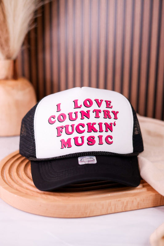 I Love Country Fuckin' Music In Pink, Black, & White Trucker Hat - Whiskey Skies - TRASH FLOWERS TRUCKER HATS
