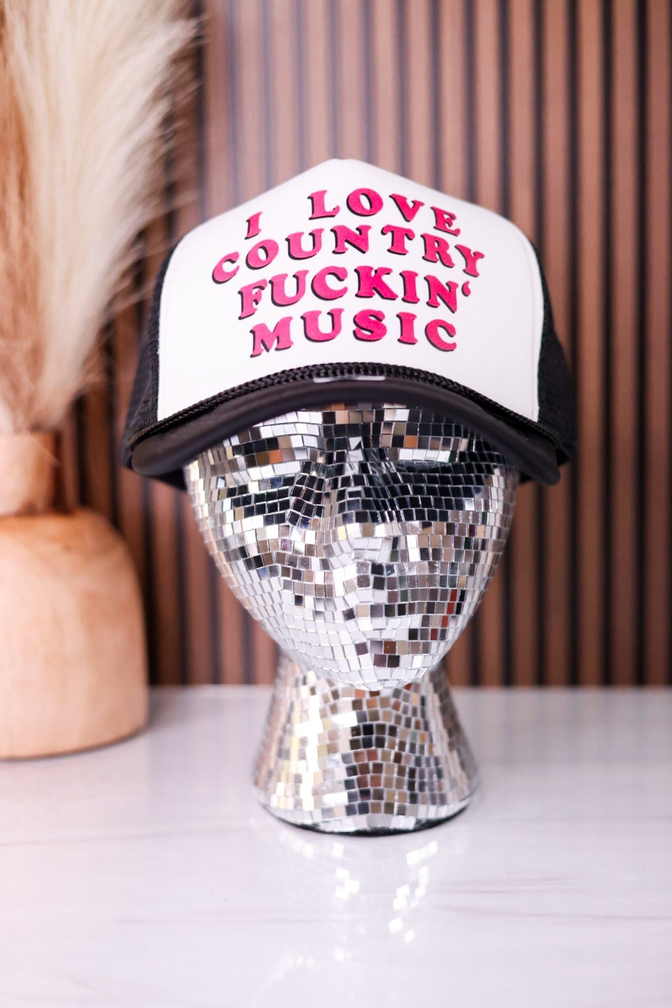 I Love Country Fuckin' Music In Pink, Black, & White Trucker Hat - Whiskey Skies - TRASH FLOWERS TRUCKER HATS
