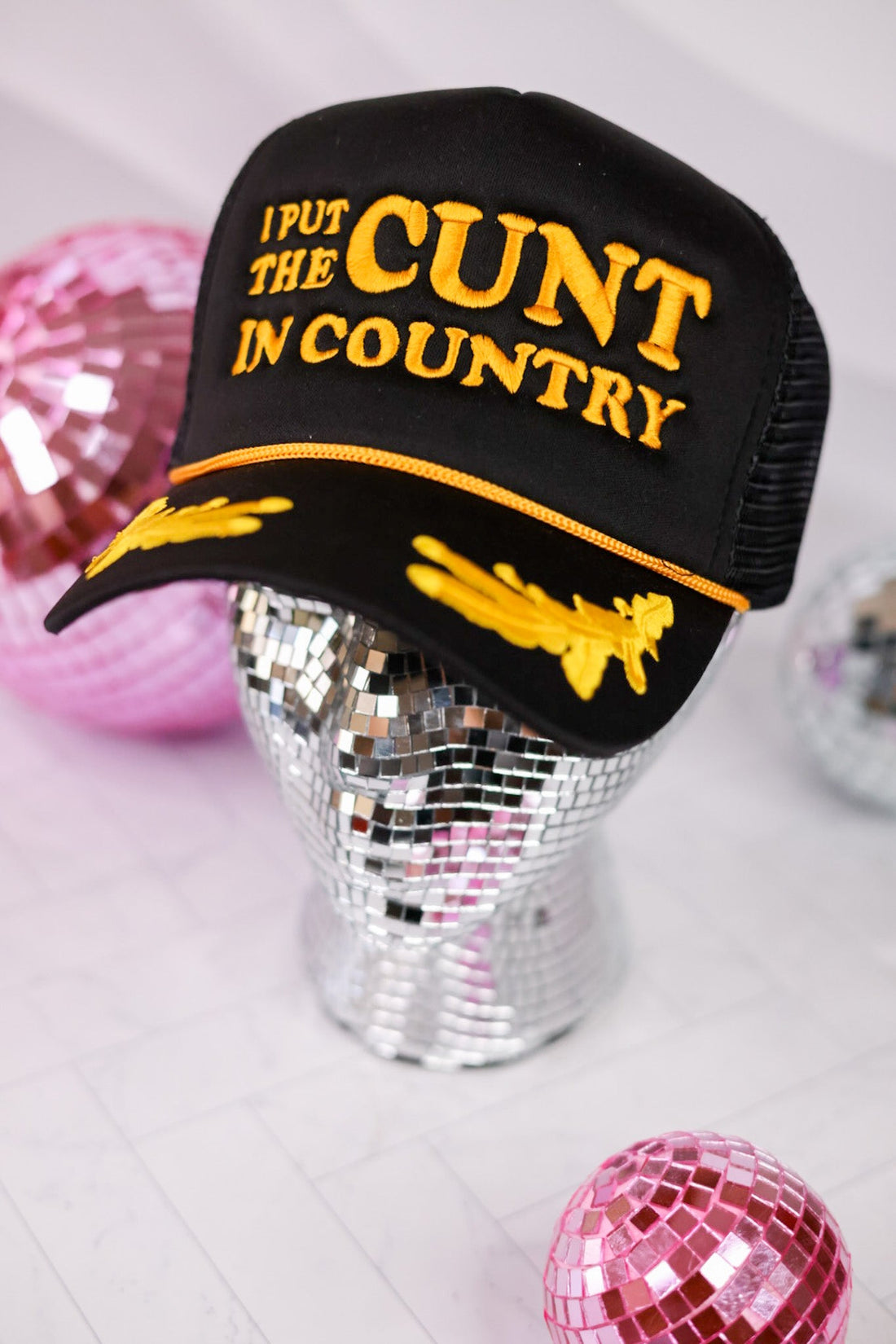 I Put The C*nt In Country Trucker Hat - Whiskey Skies - TRASH FLOWERS TRUCKER HATS