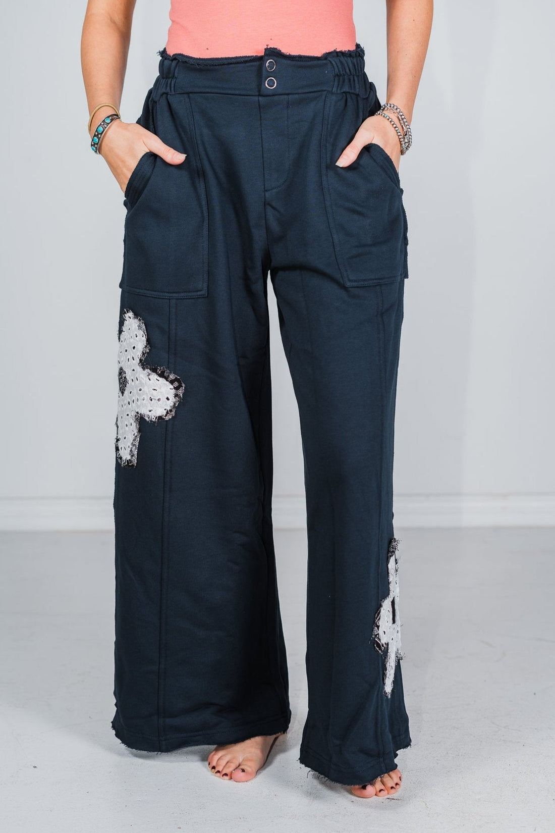 Ink Blue Floral Patchwork French Terry Pants - Whiskey Skies - DAVI & DANI