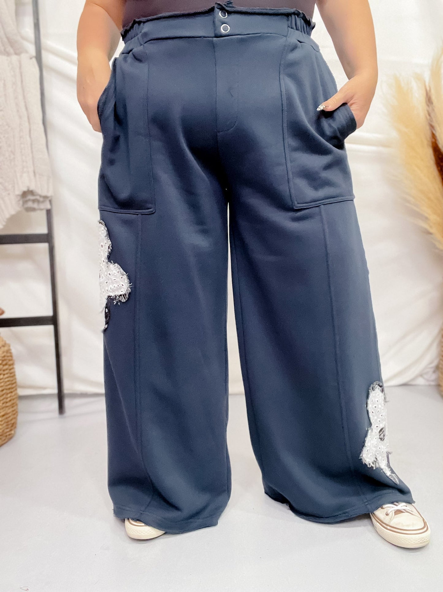 Ink Blue Floral Patchwork French Terry Pants - Whiskey Skies - DAVI & DANI