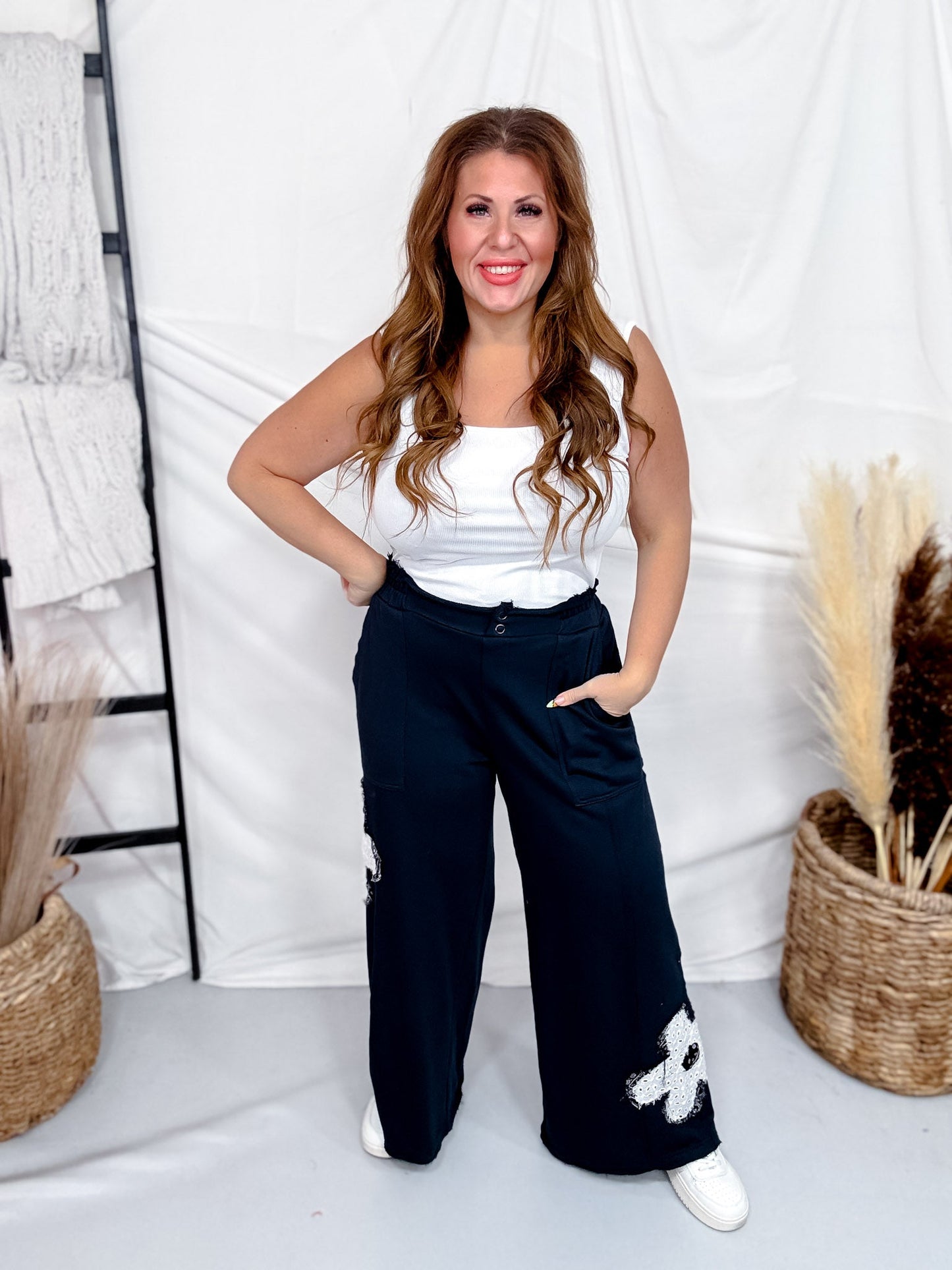 Ink Blue Floral Patchwork French Terry Pants - Whiskey Skies - DAVI & DANI