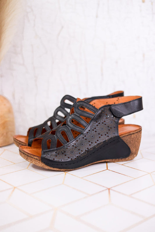 Innocencia Black Leather Wedge Sandals - Whiskey Skies - SPRING FOOTWEAR