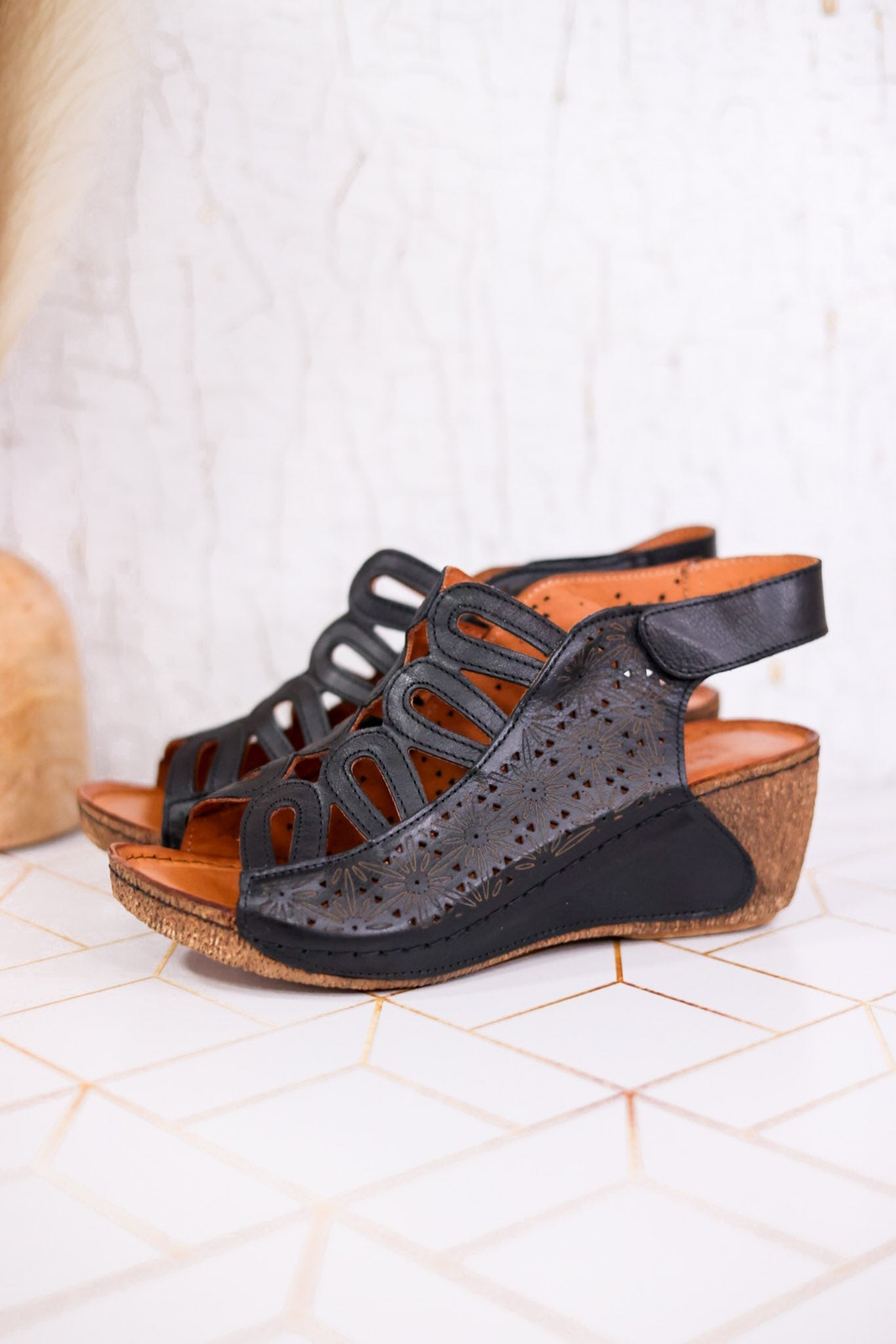 Innocencia Black Leather Wedge Sandals - Whiskey Skies - SPRING FOOTWEAR
