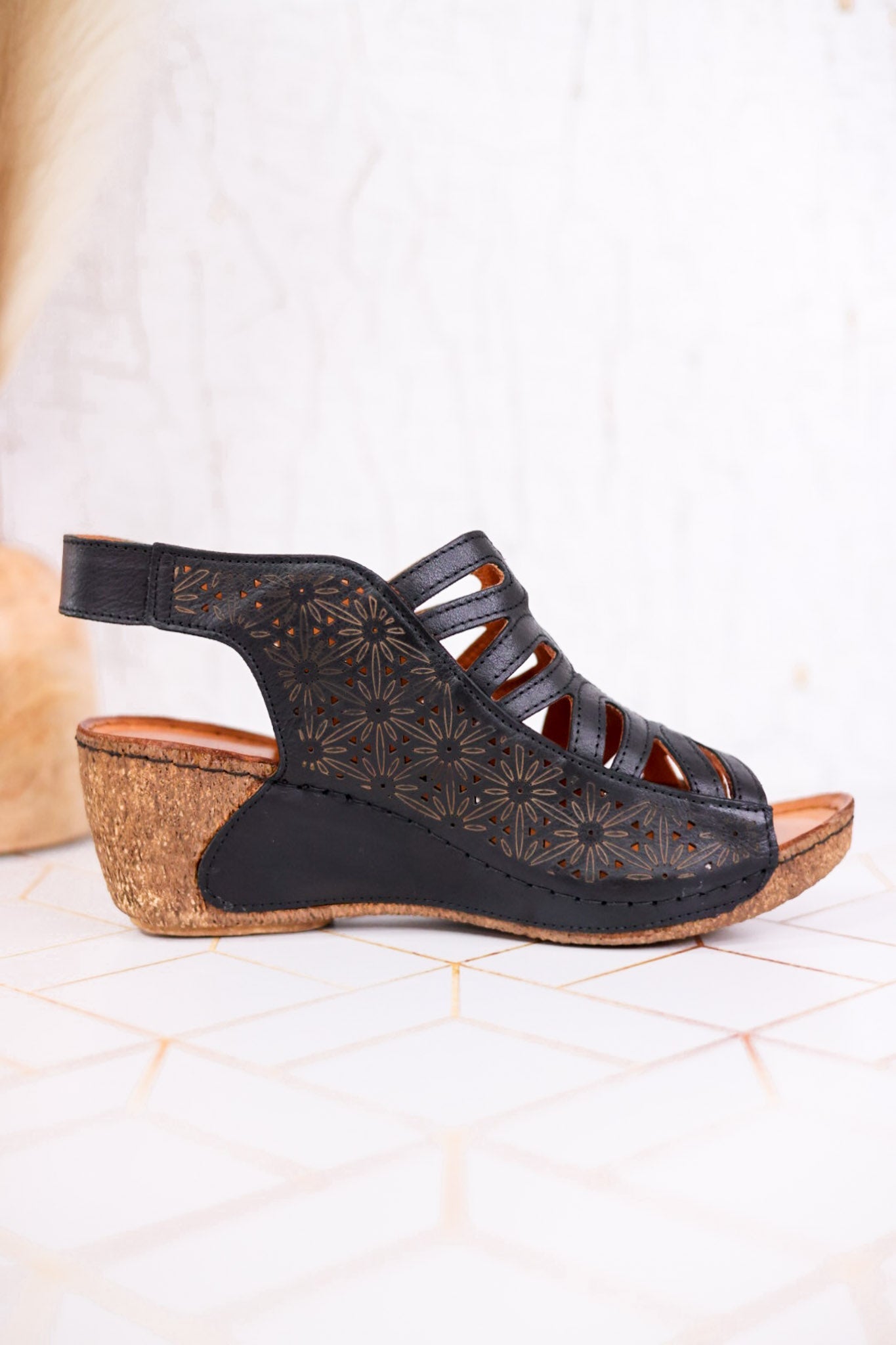 Innocencia Black Leather Wedge Sandals - Whiskey Skies - SPRING FOOTWEAR