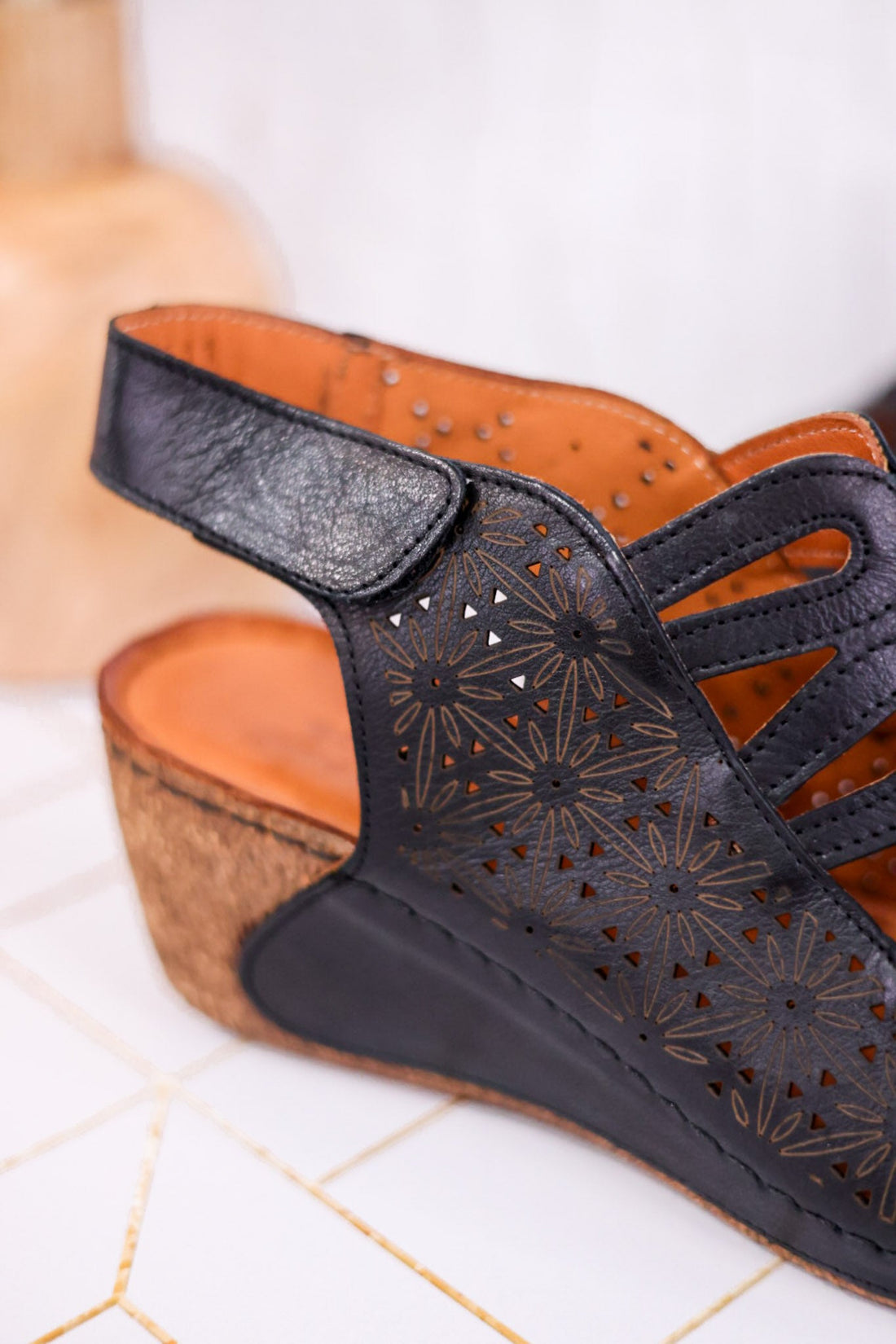 Innocencia Black Leather Wedge Sandals - Whiskey Skies - SPRING FOOTWEAR