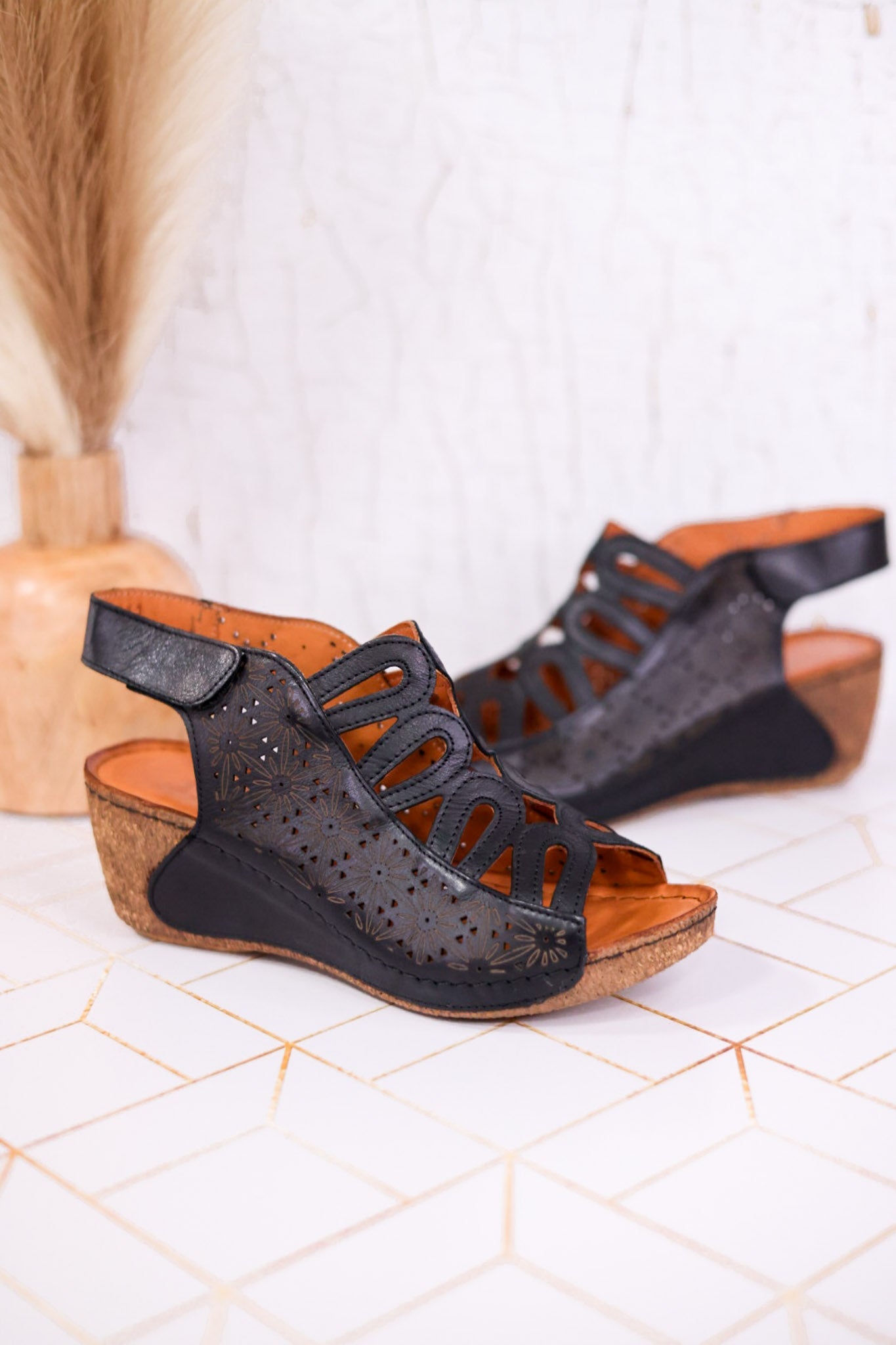 Innocencia Black Leather Wedge Sandals - Whiskey Skies - SPRING FOOTWEAR