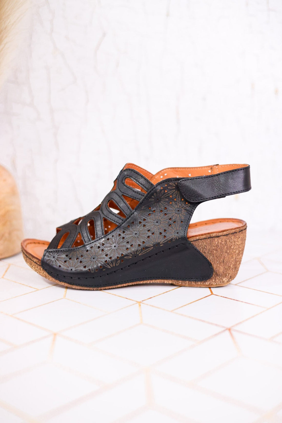 Innocencia Black Leather Wedge Sandals - Whiskey Skies - SPRING FOOTWEAR