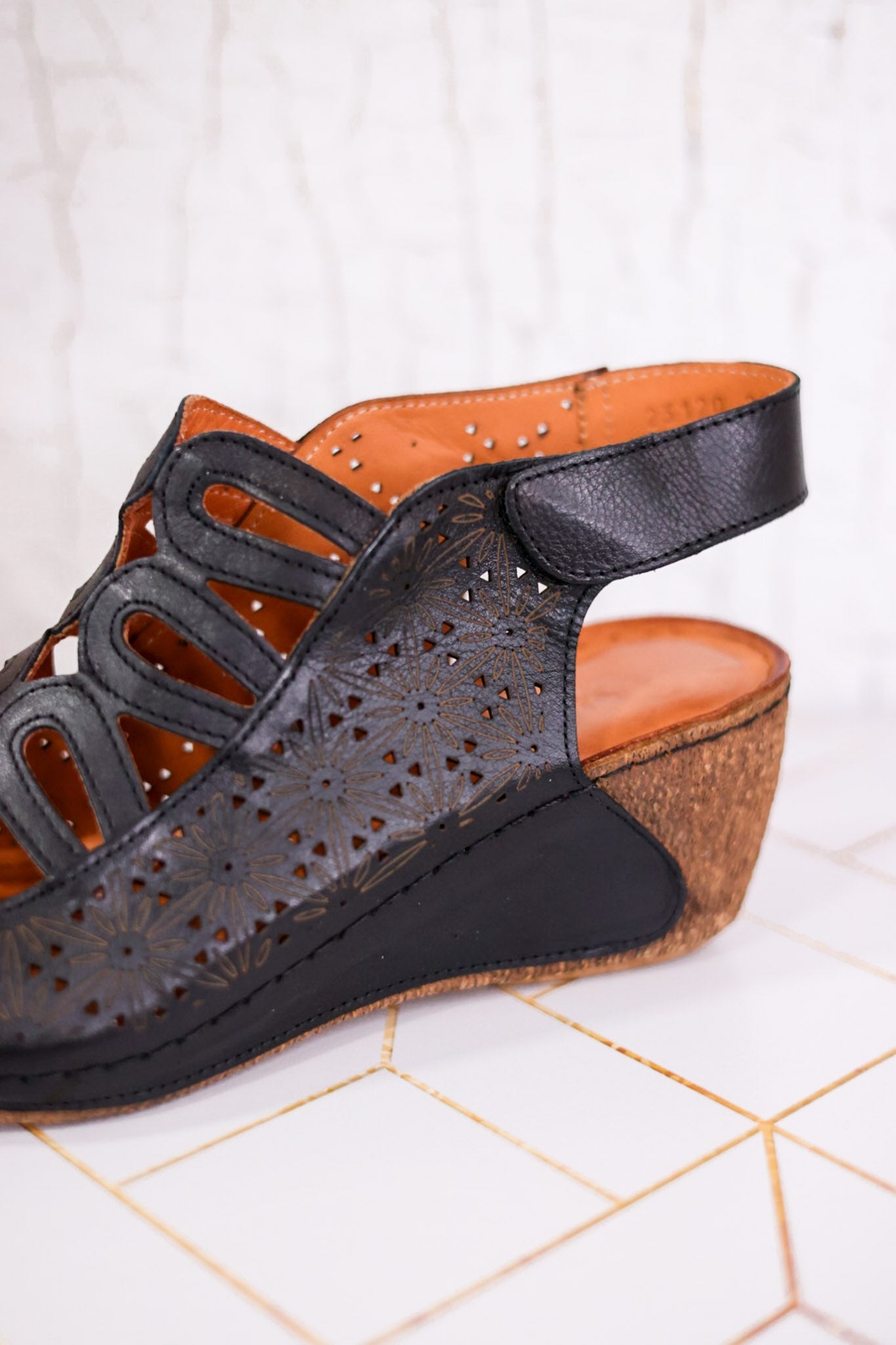 Innocencia Black Leather Wedge Sandals - Whiskey Skies - SPRING FOOTWEAR