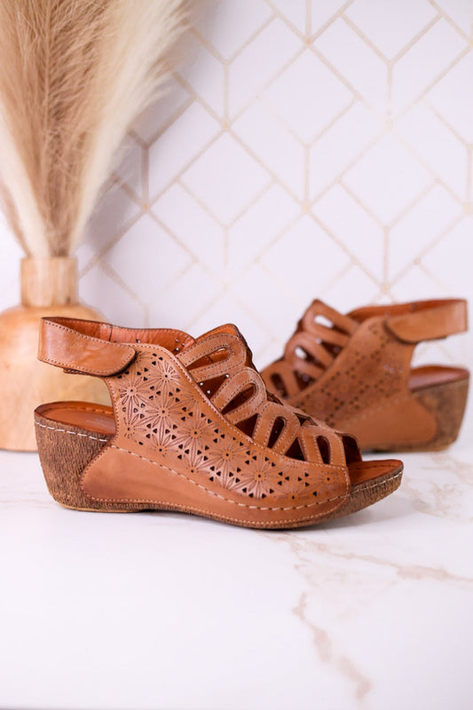 Innocencia Brown Leather Wedge Sandals - Whiskey Skies - SPRING FOOTWEAR