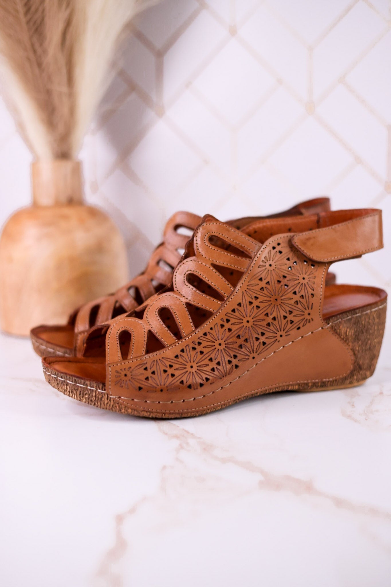 Innocencia Brown Leather Wedge Sandals - Whiskey Skies - SPRING FOOTWEAR