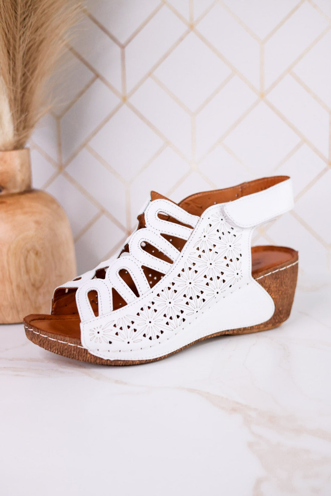 Innocencia White Leather Wedge Sandals - Whiskey Skies - SPRING FOOTWEAR