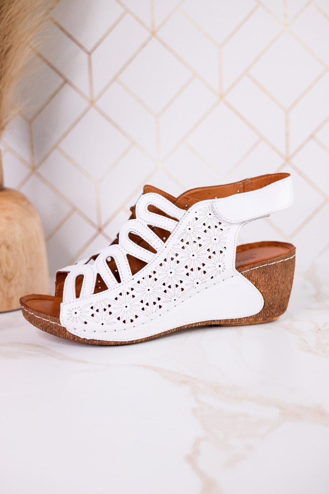 Innocencia White Leather Wedge Sandals - Whiskey Skies - SPRING FOOTWEAR