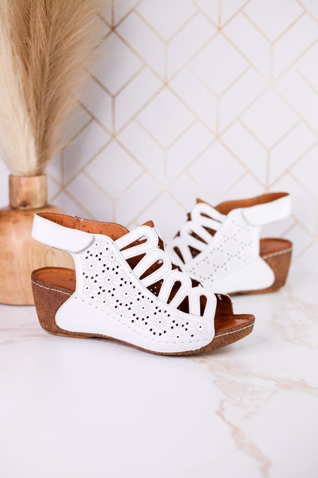 Innocencia White Leather Wedge Sandals - Whiskey Skies - SPRING FOOTWEAR