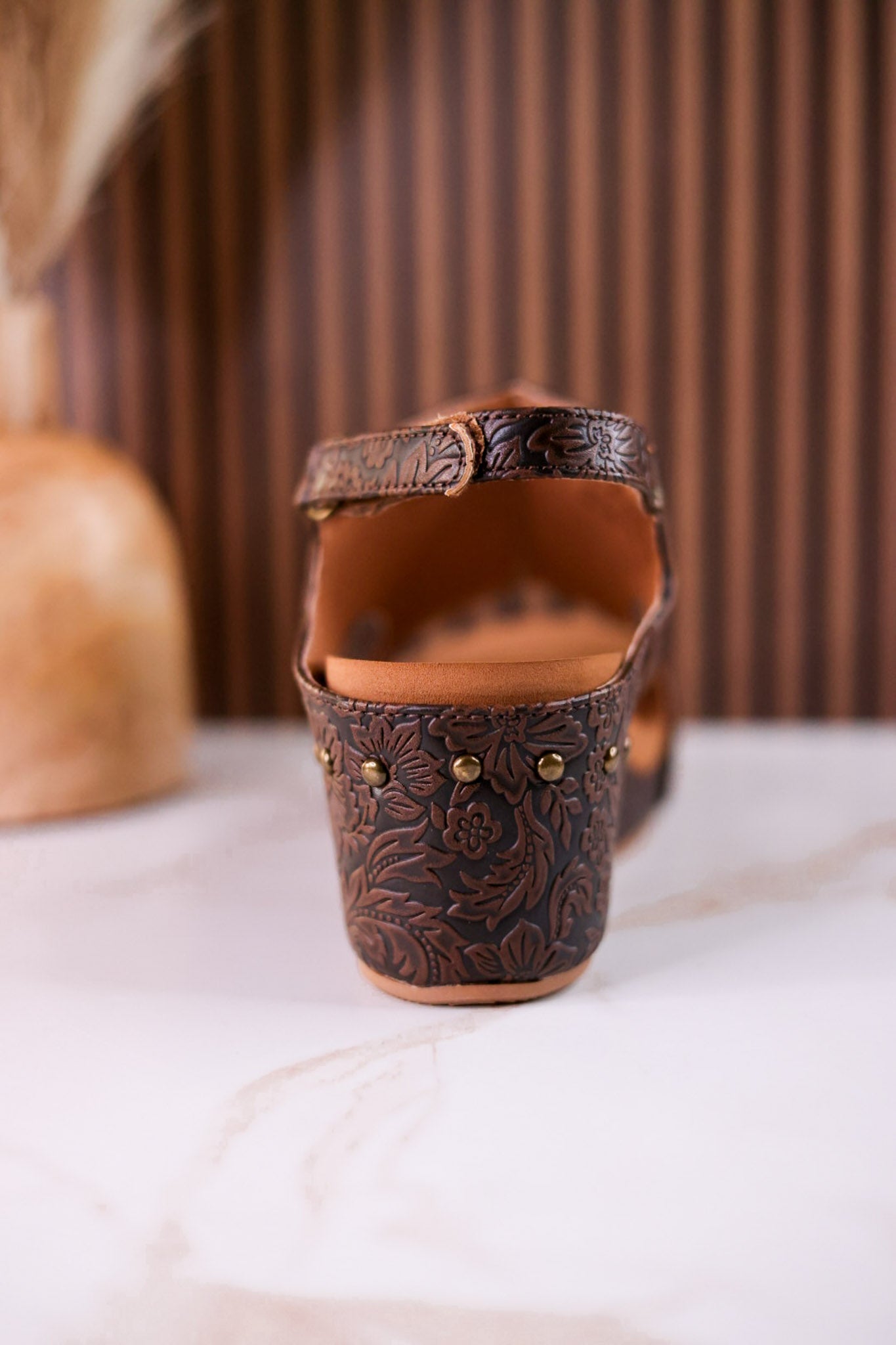 Isabella Chocolate Tooled Wedge Sandals - Whiskey Skies - VERY G