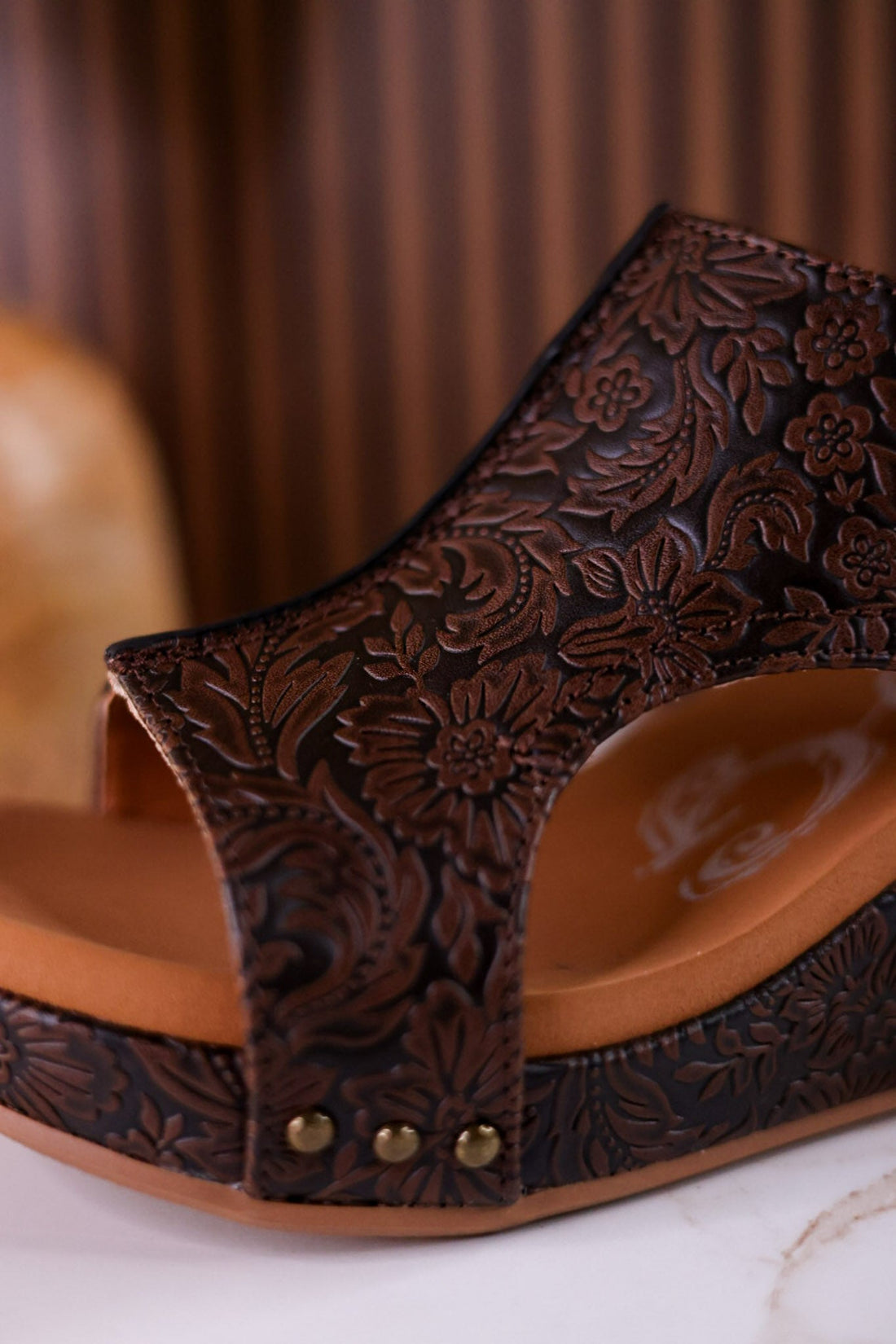 Isabella Chocolate Tooled Wedge Sandals - Whiskey Skies - VERY G