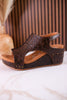 Isabella Chocolate Tooled Wedge Sandals - Whiskey Skies - VERY G