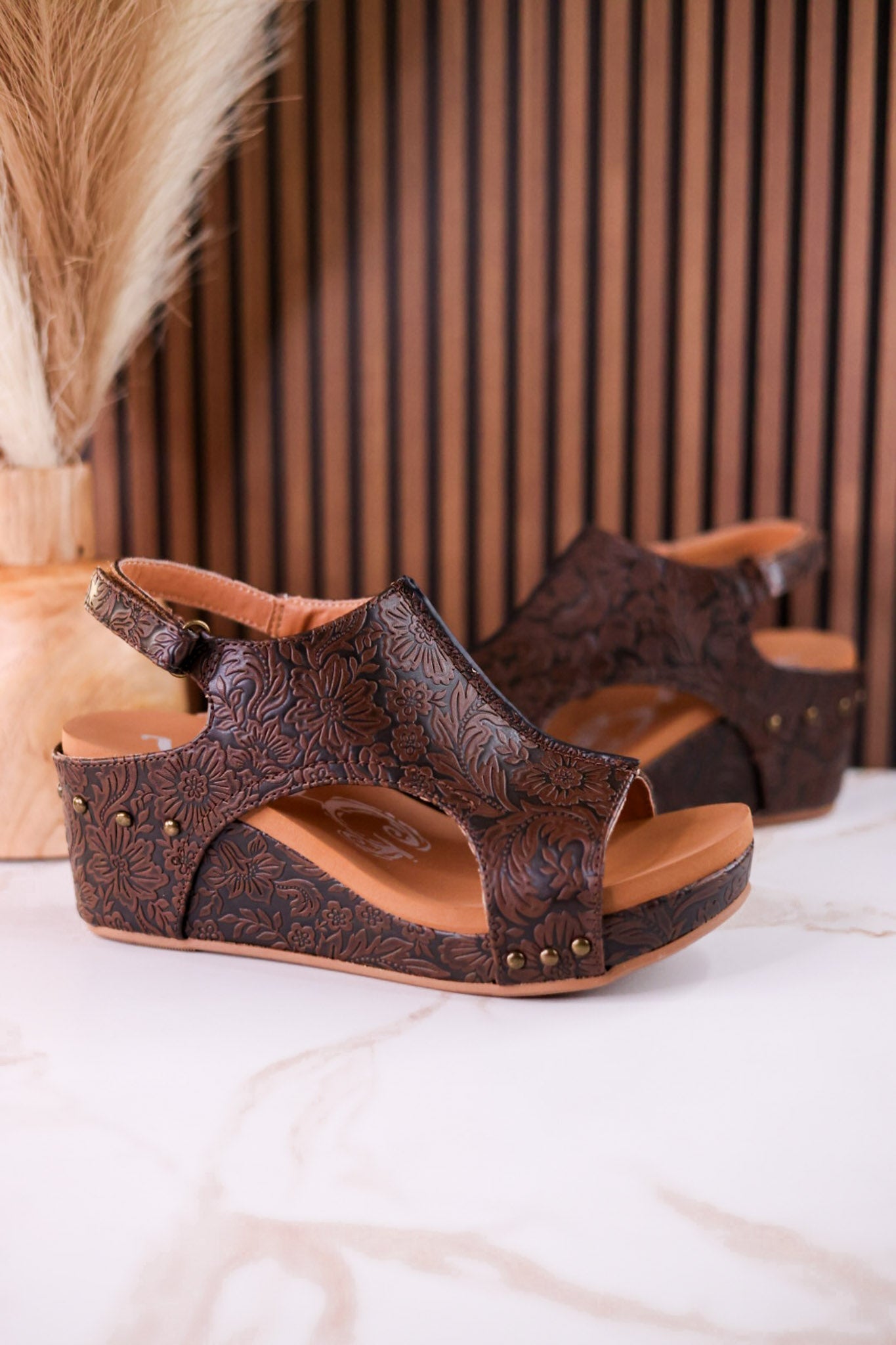 Isabella Chocolate Tooled Wedge Sandals - Whiskey Skies - VERY G