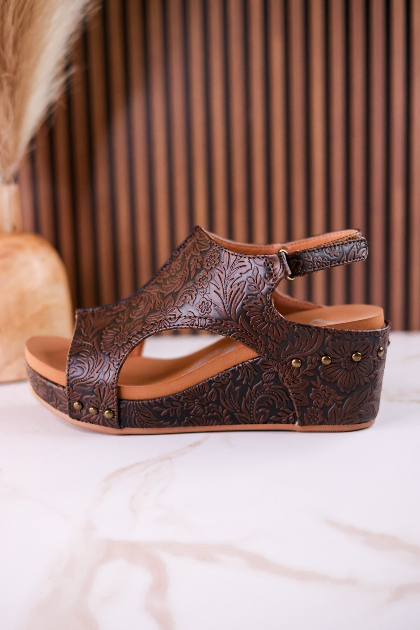 Isabella Chocolate Tooled Wedge Sandals - Whiskey Skies - VERY G
