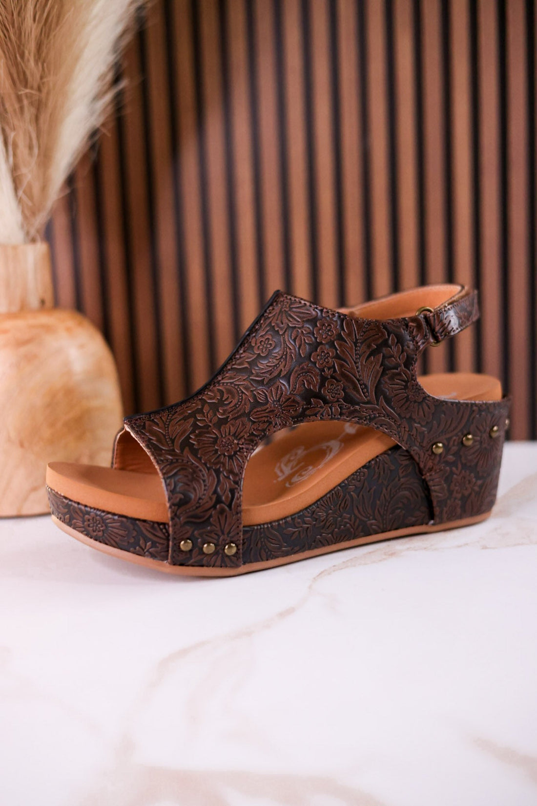 Isabella Chocolate Tooled Wedge Sandals - Whiskey Skies - VERY G