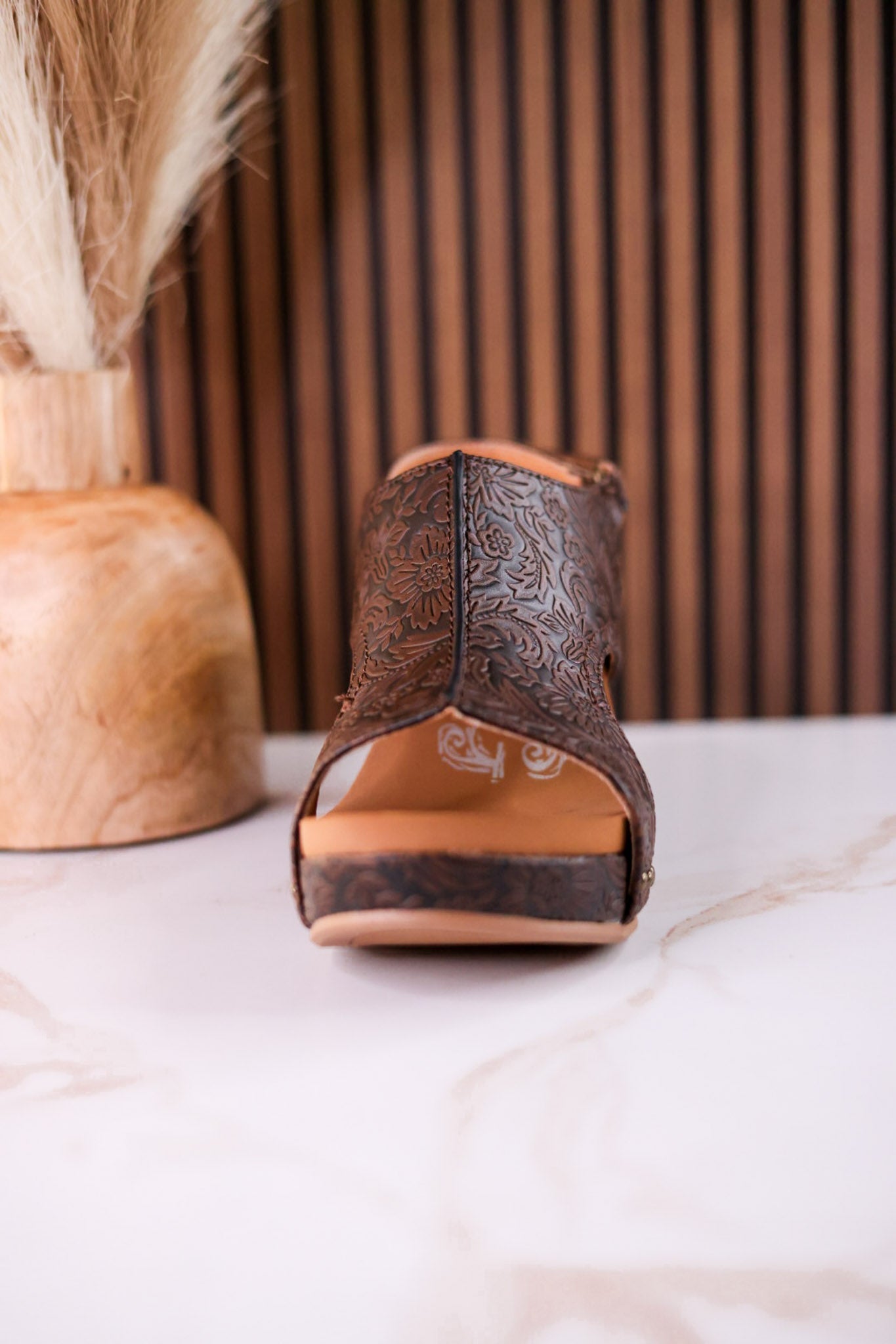 Isabella Chocolate Tooled Wedge Sandals - Whiskey Skies - VERY G
