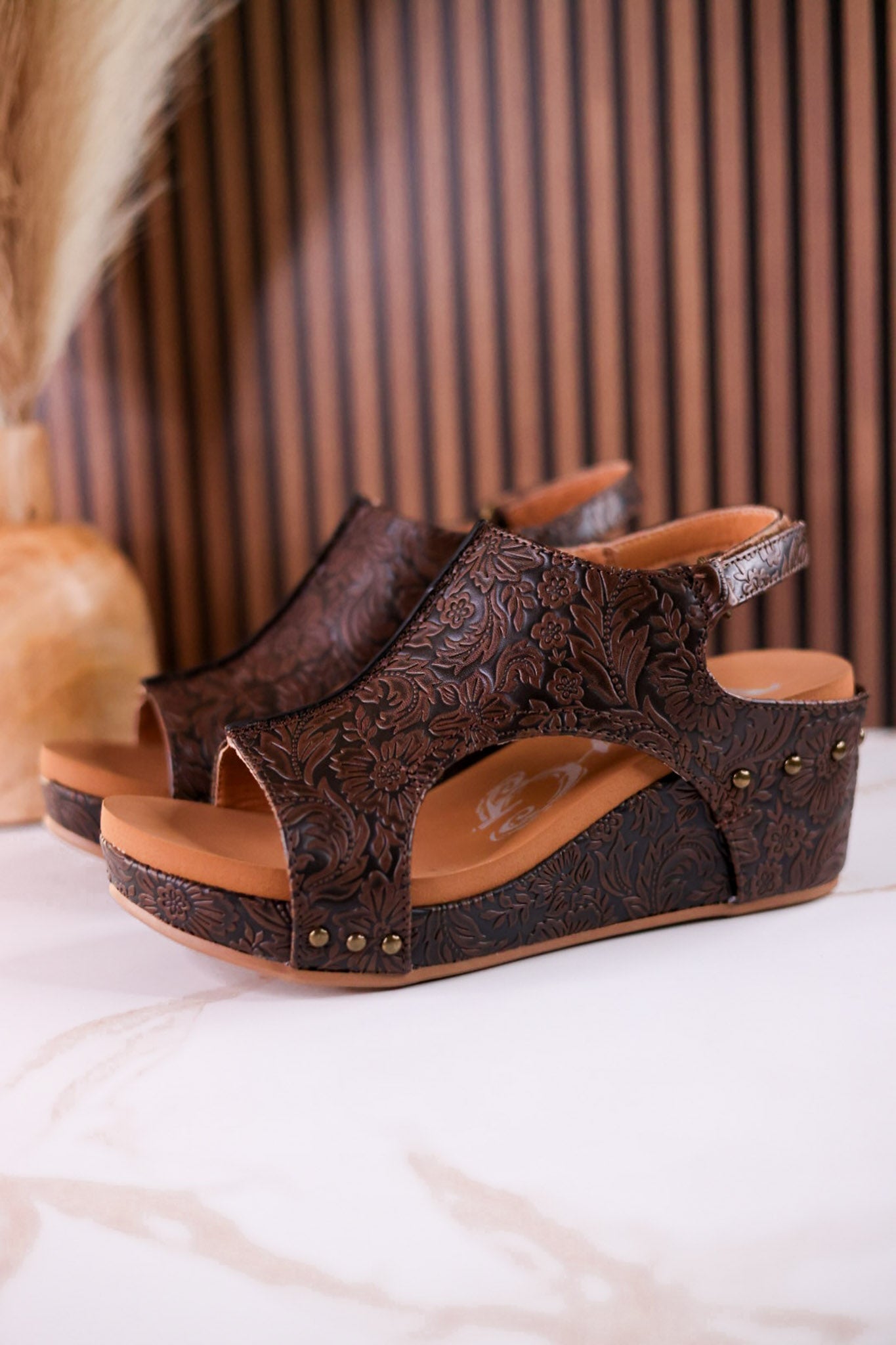 Isabella Chocolate Tooled Wedge Sandals - Whiskey Skies - VERY G
