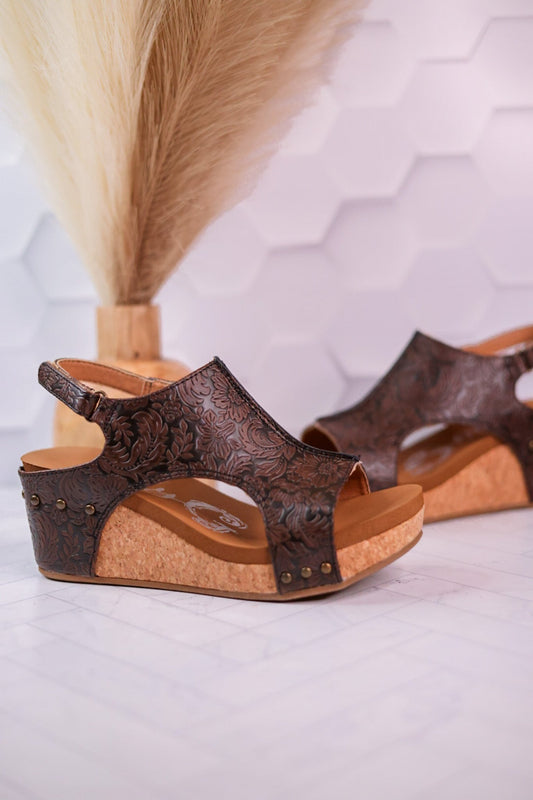 Isabella Tooled Chocolate Wedge Sandals - Whiskey Skies - VERY G