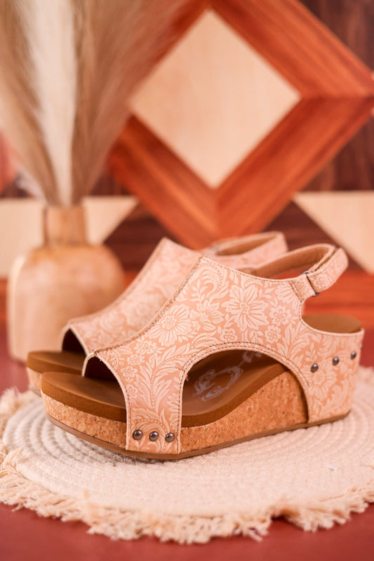 Isabella Tooled Nude Wedge Sandals - Whiskey Skies - VERY G