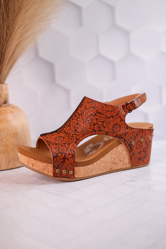 Isabella Tooled Rust Wedge Sandals - Whiskey Skies - VERY G