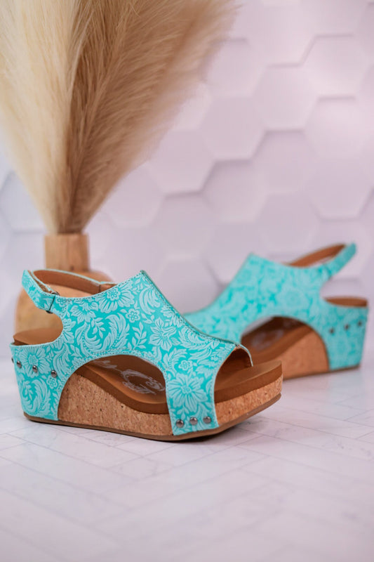 Isabella Tooled Turquoise Wedge Sandals - Whiskey Skies - VERY G