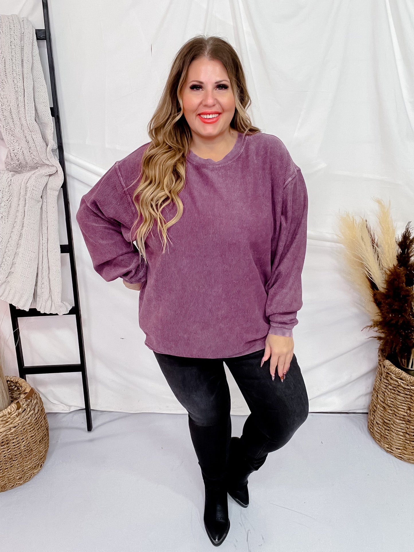 Italian Plum Essential Luxe Corded Crew Sweatshirt - Whiskey Skies - MOON RYDER