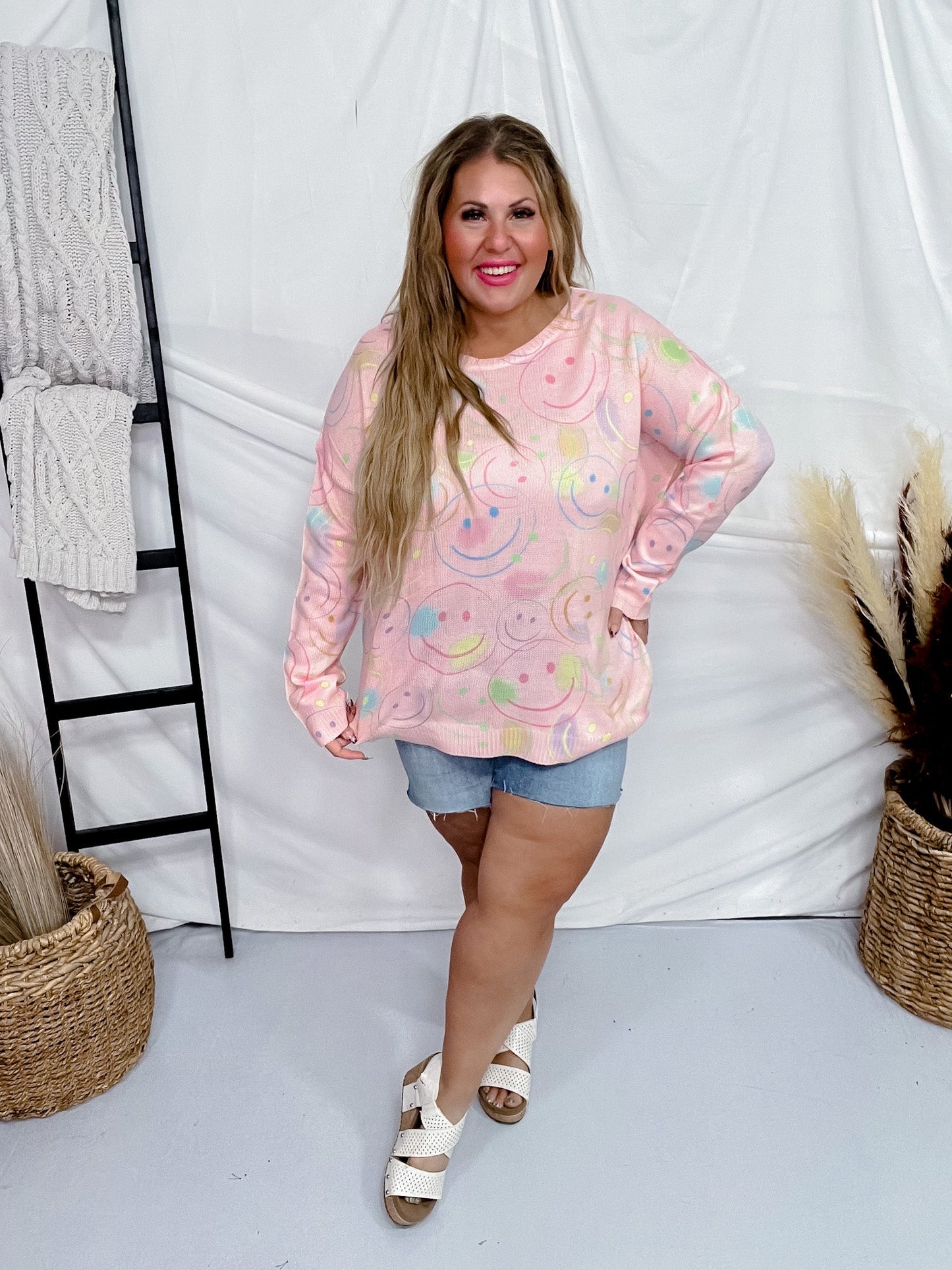 It's All Smiles Printed Lightweight Sweater Top - Whiskey Skies - DAVI & DANI