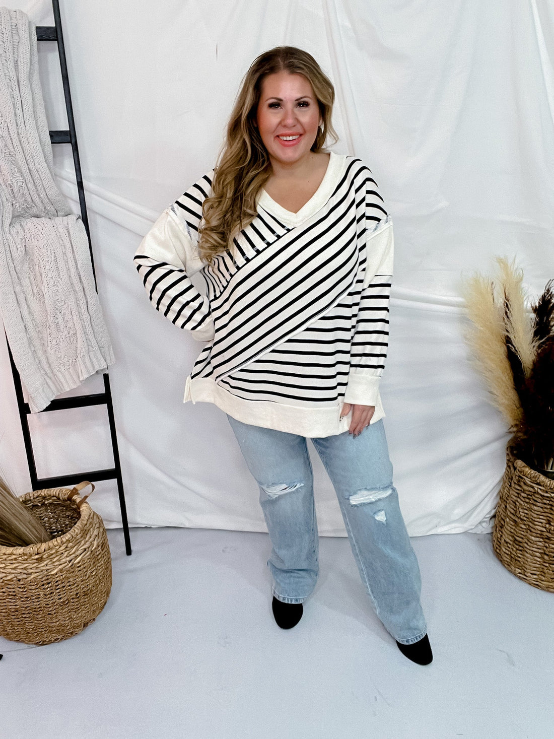 Ivory and Black Striped Knit Top - Whiskey Skies - WHITE BIRCH