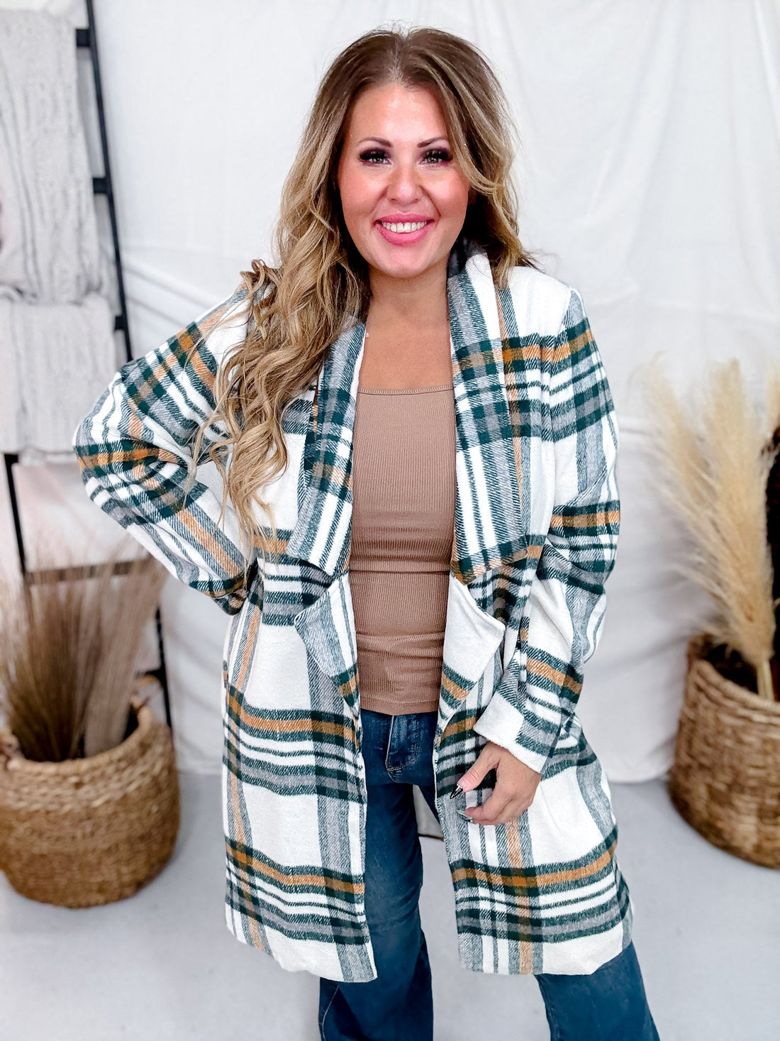 Ivory and Hunter Green Plaid Open Front Coat - Whiskey Skies - ANDREE BY UNIT