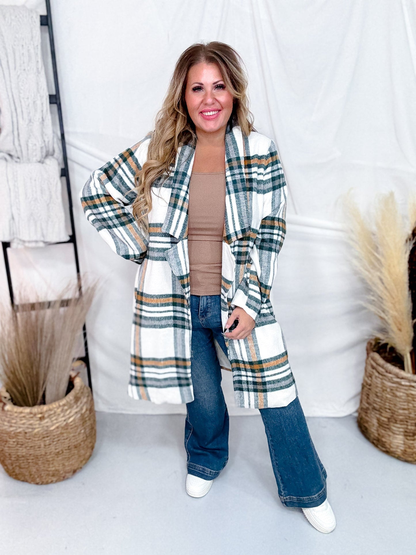 Ivory and Hunter Green Plaid Open Front Coat - Whiskey Skies - ANDREE BY UNIT