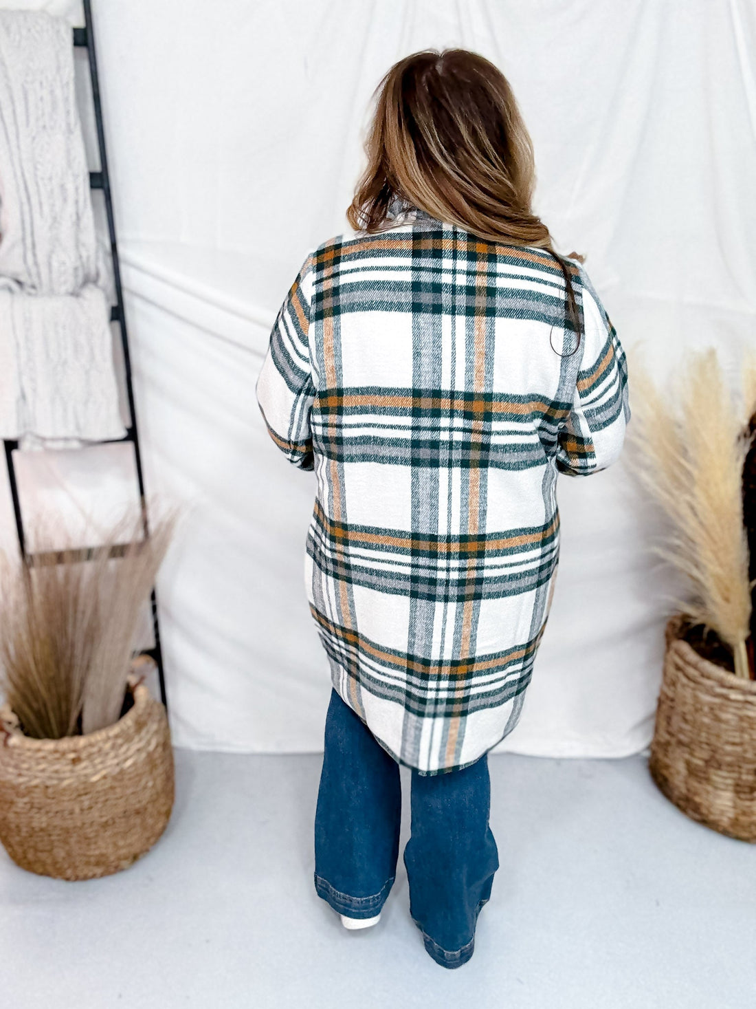 Ivory and Hunter Green Plaid Open Front Coat - Whiskey Skies - ANDREE BY UNIT