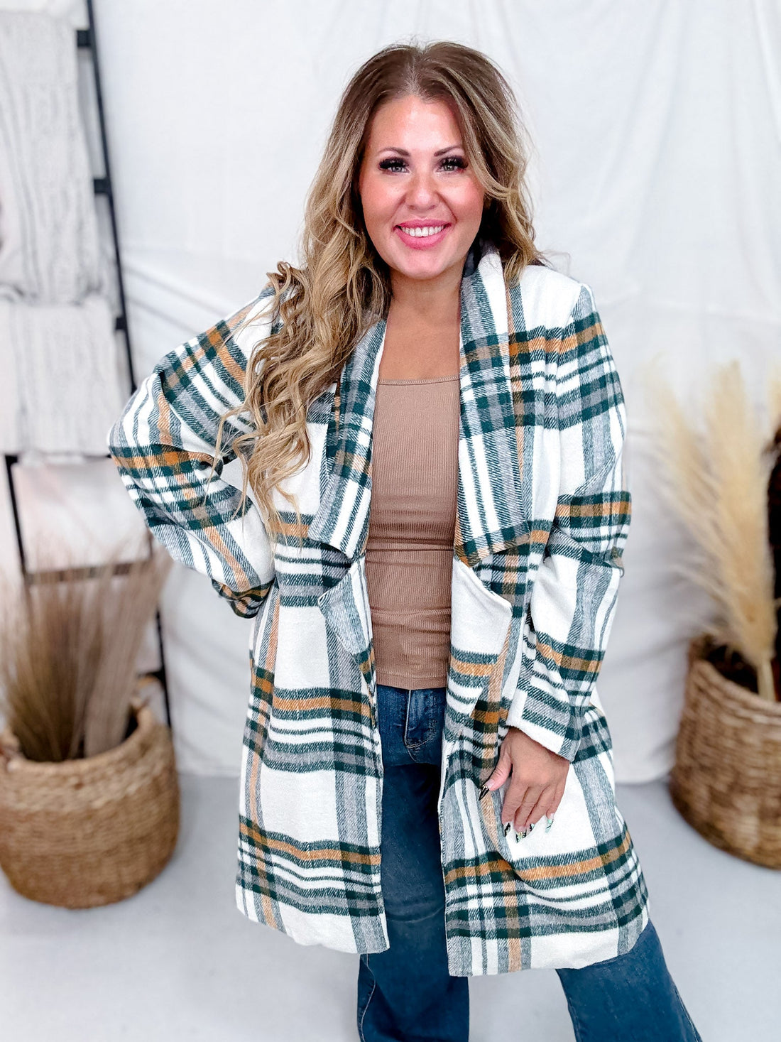 Ivory and Hunter Green Plaid Open Front Coat - Whiskey Skies - ANDREE BY UNIT