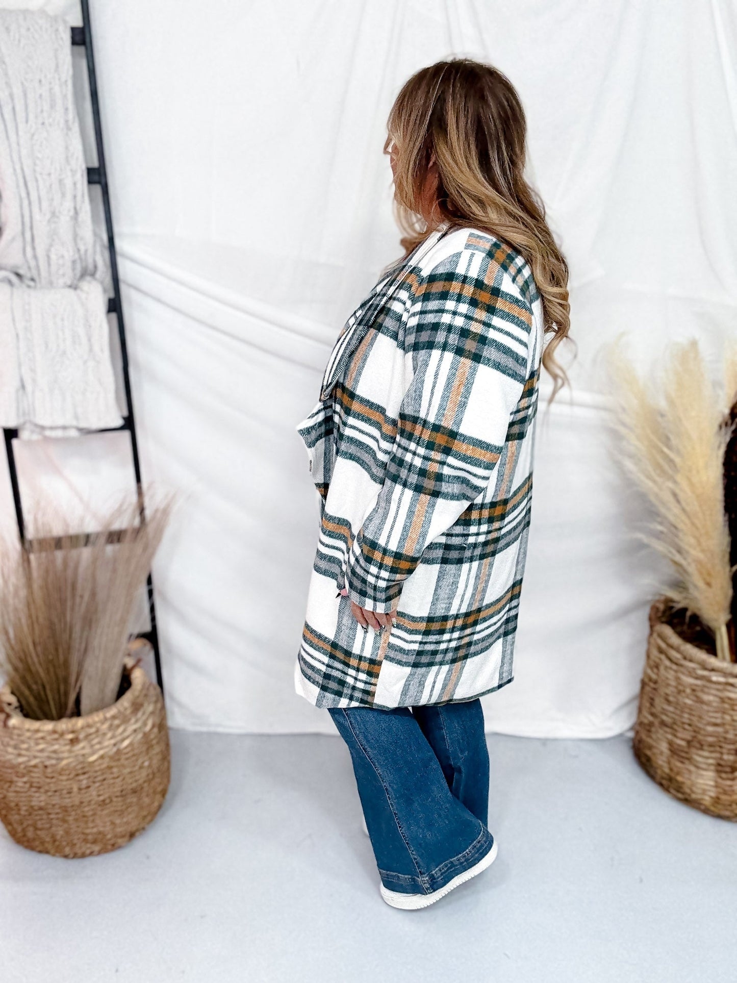 Ivory and Hunter Green Plaid Open Front Coat - Whiskey Skies - ANDREE BY UNIT