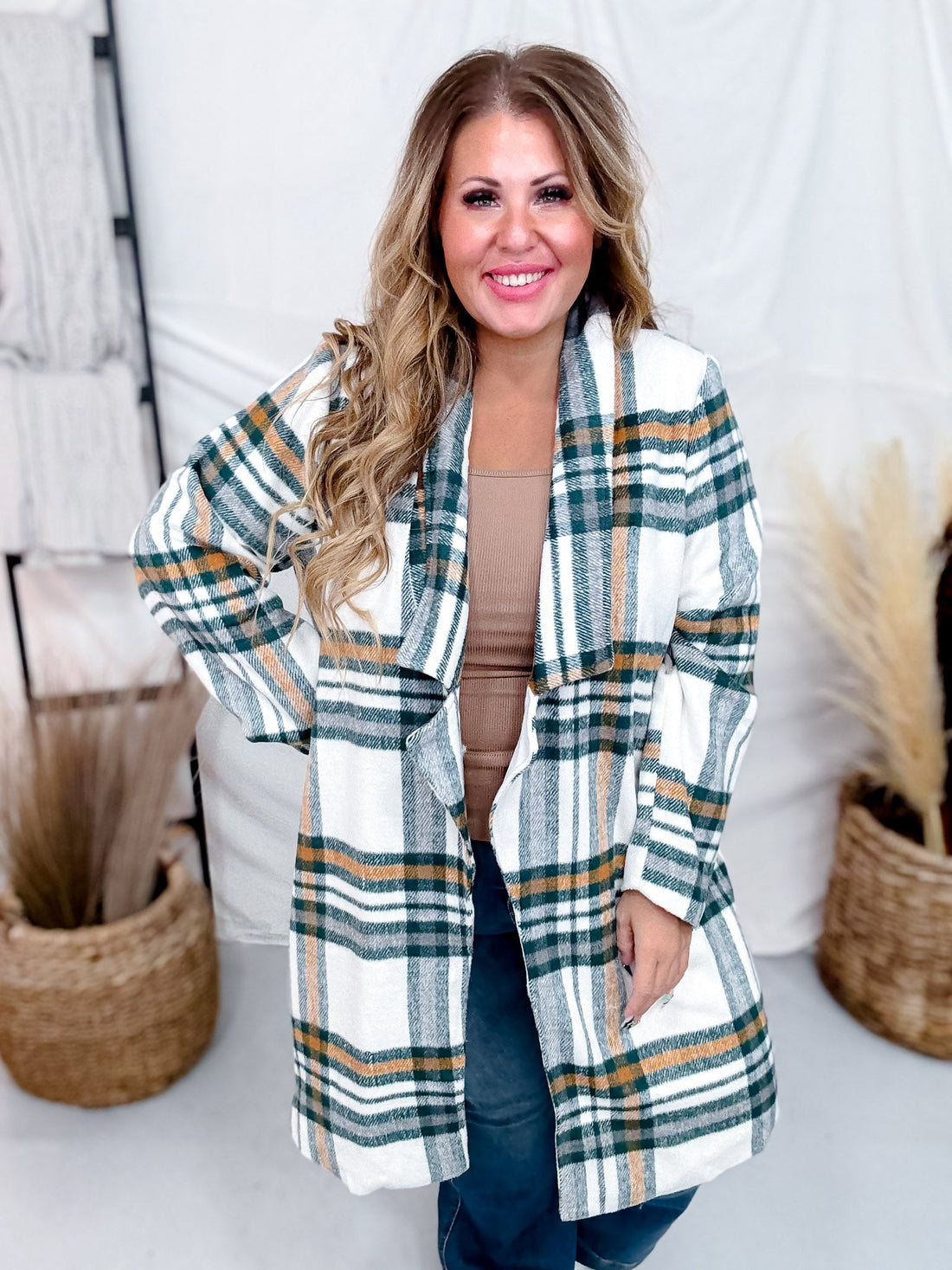 Ivory and Hunter Green Plaid Open Front Coat - Whiskey Skies - ANDREE BY UNIT
