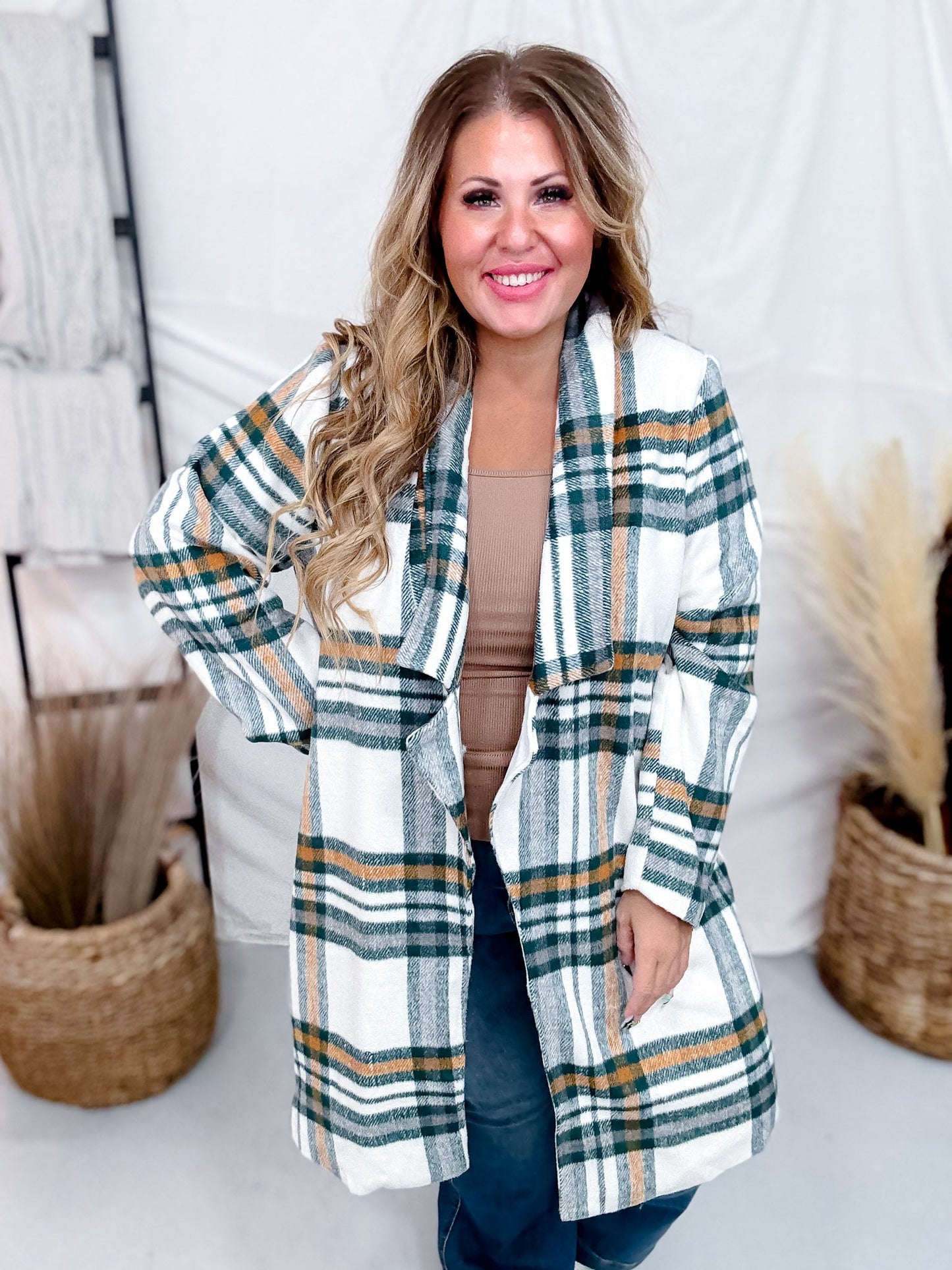 Ivory and Hunter Green Plaid Open Front Coat - Whiskey Skies - ANDREE BY UNIT