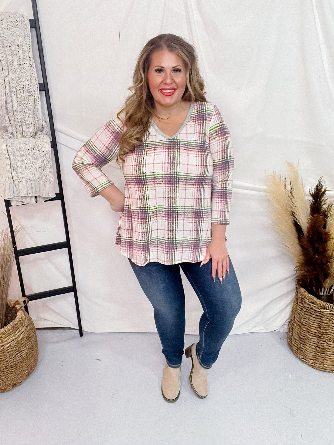 Ivory and Purple Plaid V - Neck Top - Whiskey Skies - DEAR SCARLETT