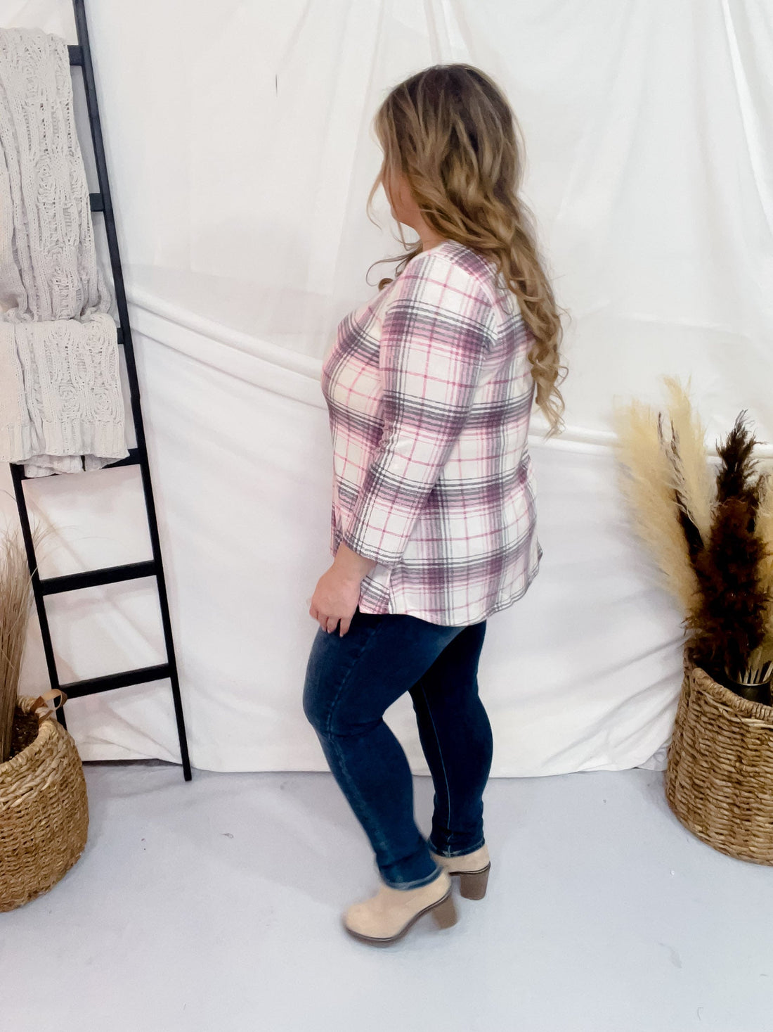 Ivory and Purple Plaid V - Neck Top - Whiskey Skies - DEAR SCARLETT