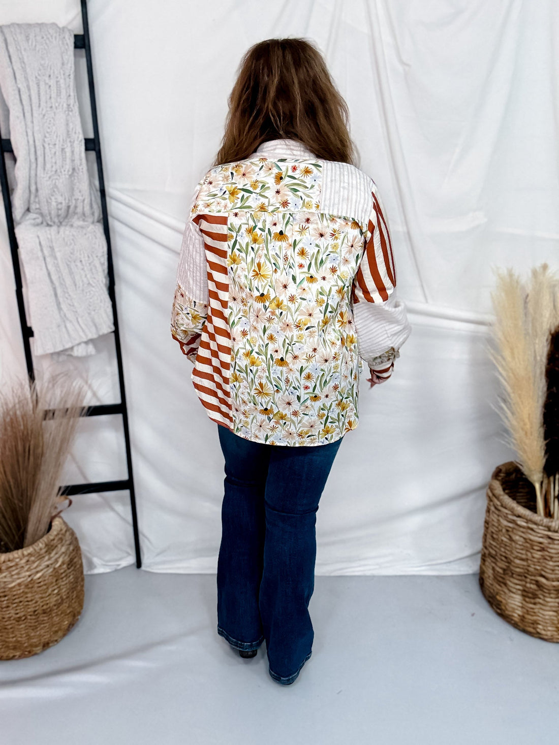 Ivory And Rust Mixed Print Button Down Top - Whiskey Skies - SEW IN LOVE