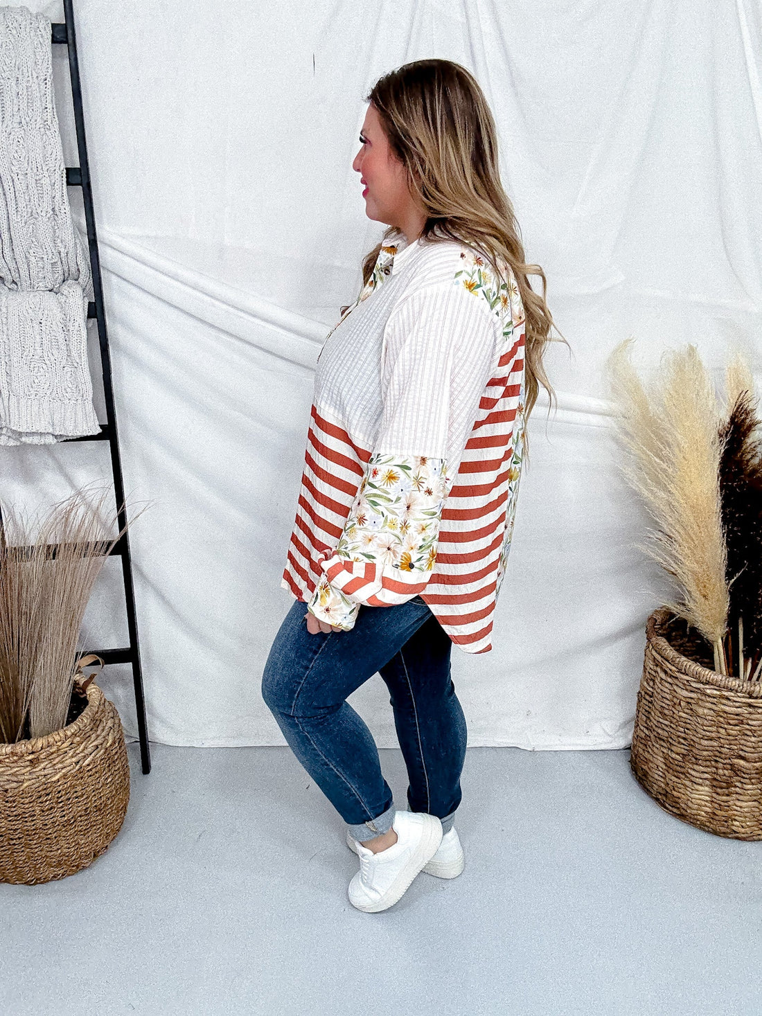 Ivory And Rust Mixed Print Button Down Top - Whiskey Skies - SEW IN LOVE